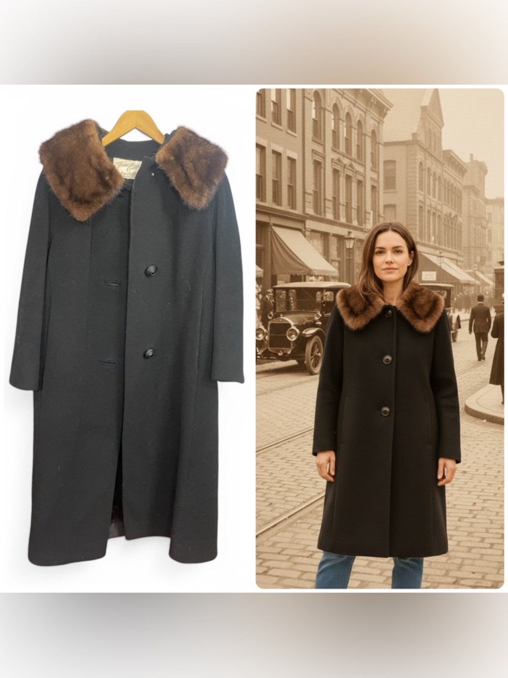 Women's Black Coat with Brown Faux Fur Collar Ptp 22 L 40 - Picture 1 of 6